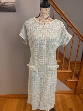 CocoChanel Inspired tweed Light Blue Bouclé Shift Dress with Pocket Trim